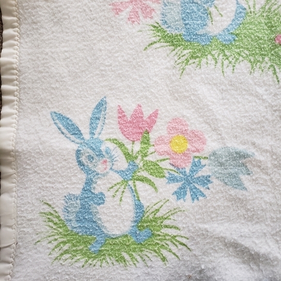 Vintage Chatham Pastel Bunny Rabbit Satin Trim Baby Blanket Fuzzy Fleece USA - Picture 5 of 8